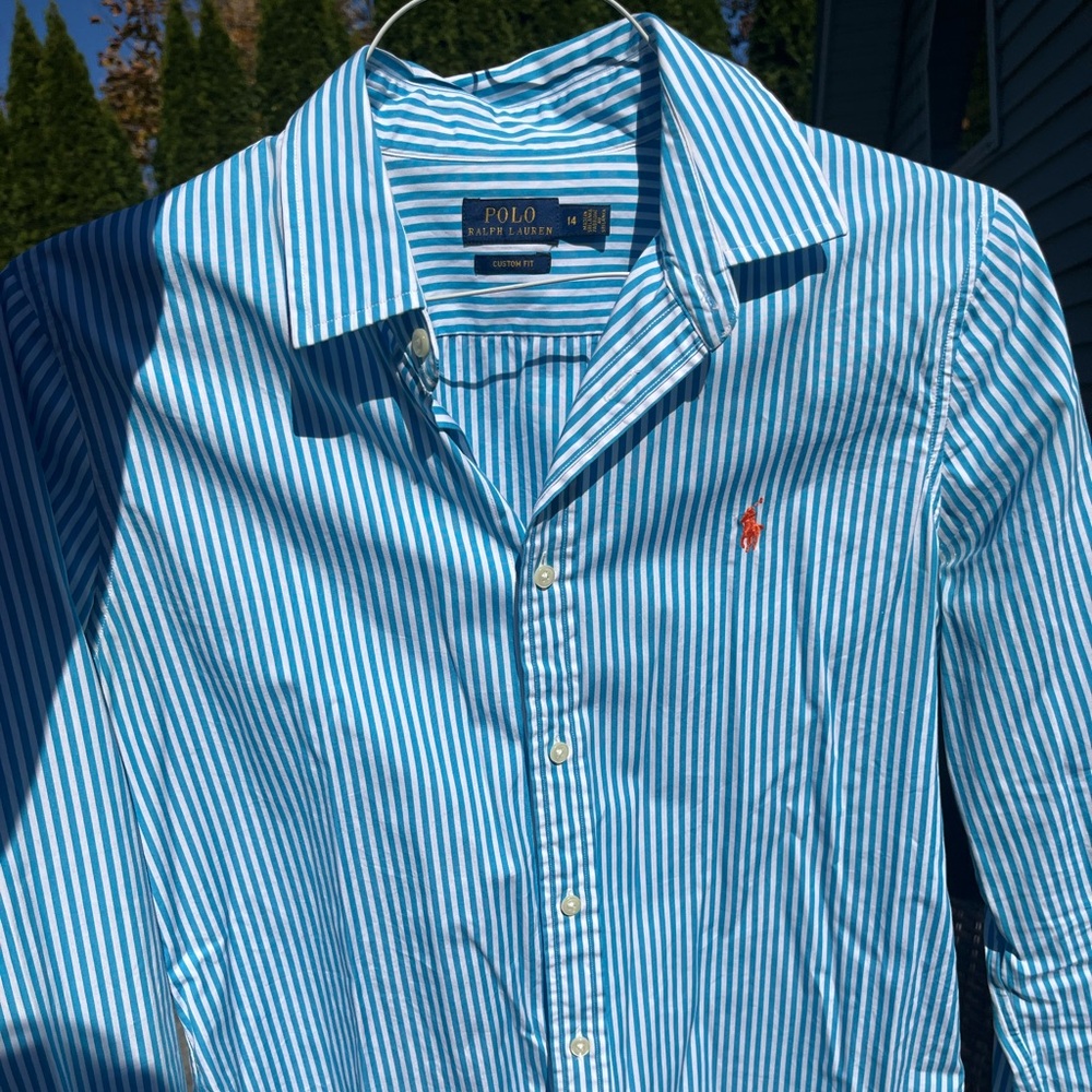 Ralph Lauren Wimens Dress Shirt Blouse Custom fit Size 14 Pin Stripe